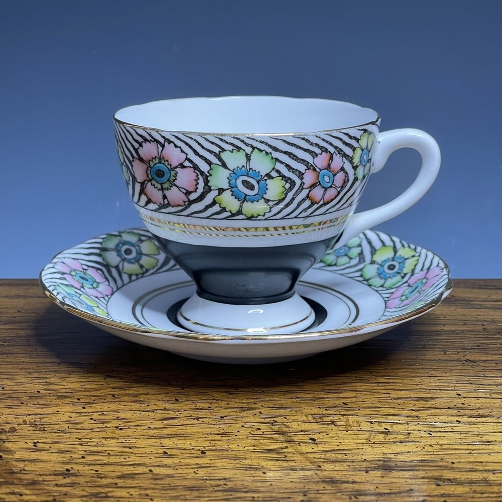 Gladstone Bone China Teacup & Saucer England Tropical Floral Flowers‎ Aloha